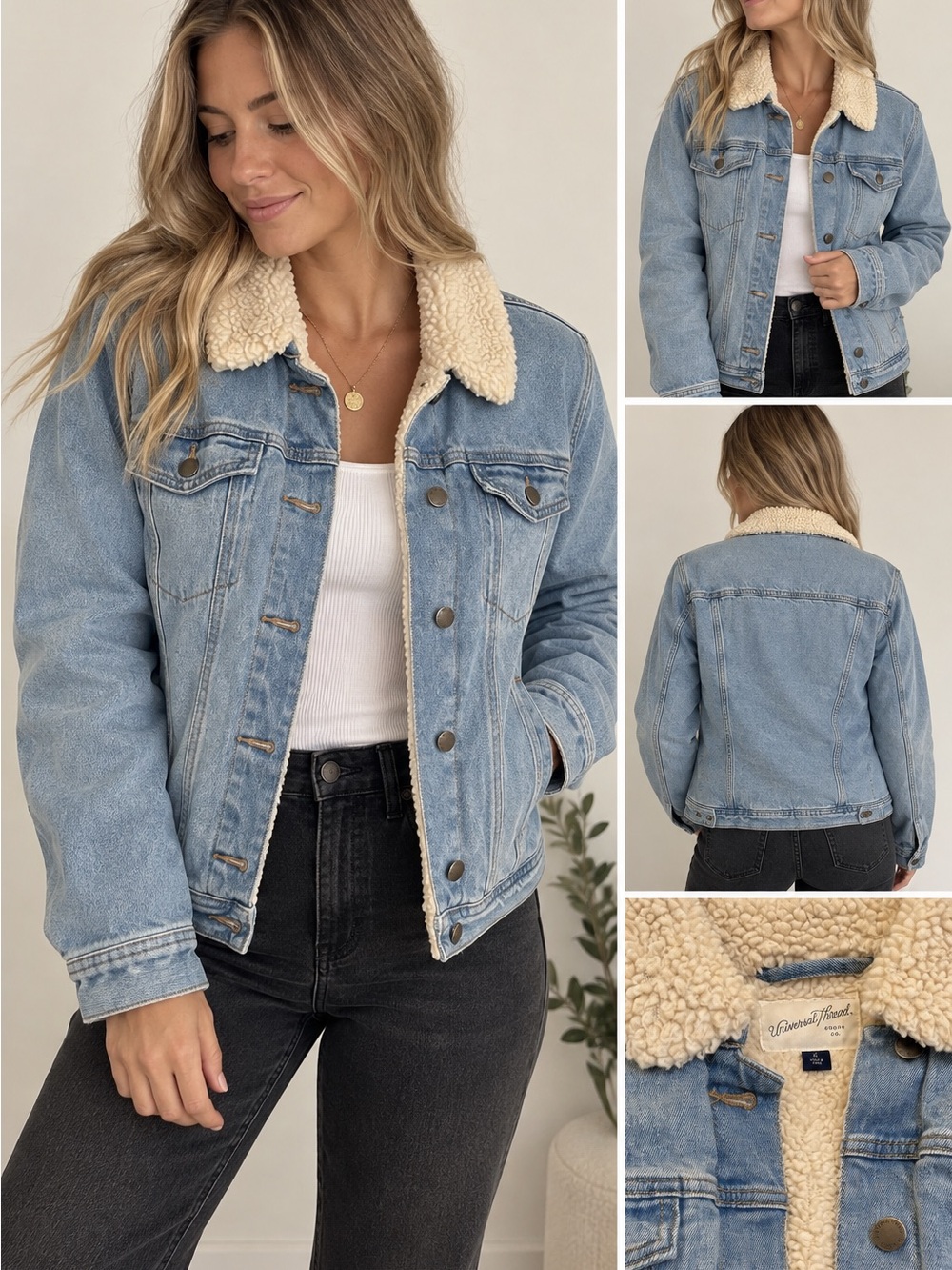 Universal Thread Light Blue Denim Jacket with Cream Sherpa Collar